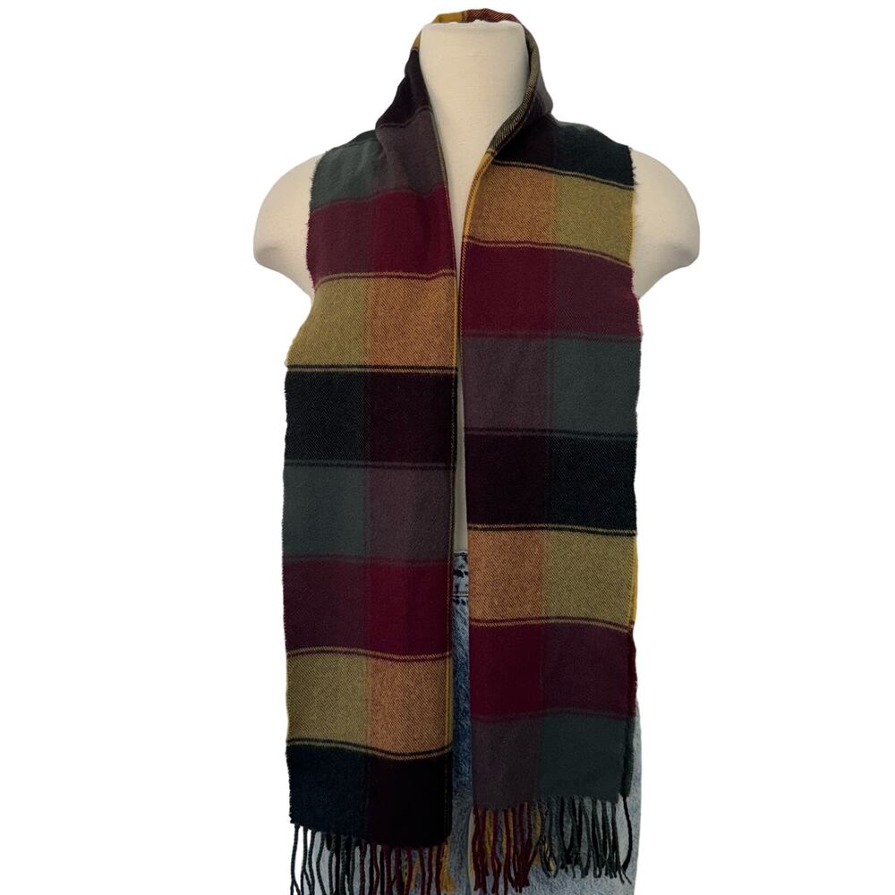 Plaid Cashmere Oblong Scarf Made in England Fringe Trim Brown Yellow Black